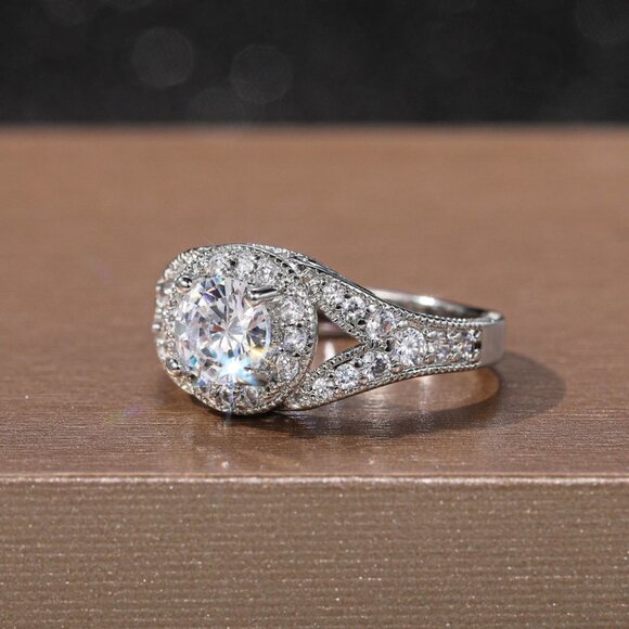 🌸Round Shiny CZ Noble Silver Wedding/Engagement Ring for Women, K808 - Picture 3 of 10